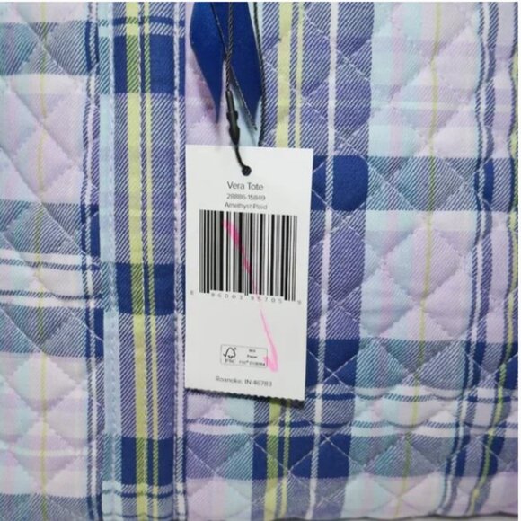 Vera Bradley Vera Tote Quilted Handbag Weekender Amethyst Plaid Travel NWT - Picture 7 of 9